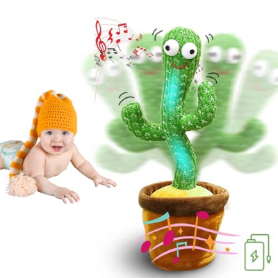 MAGIC SELECT Cactus Bailarin con Movimiento Electrónico, Luces y 120 Canciones. Juguete de Peluche Que Baila para Aprender Idiomas y Ritmo. Carga USB 