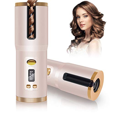 Hair Curler, Cordless Automatic, Portable Ceramic Barrel with 6 Temperature & LCD Timer Settings Fast Heating Hair Styling, Gold