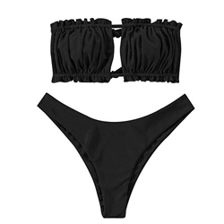 Bikini Zaful sin tirantes para mujer, escote con volantes, estilo bandana, juego de ropa de baño Negro L en oferta