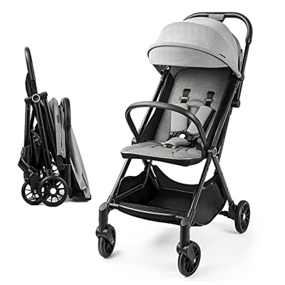 besrey Silla de Paseo Ligera, Plegado Automatico Carrito，Capota Desplegable para Niños, Gris