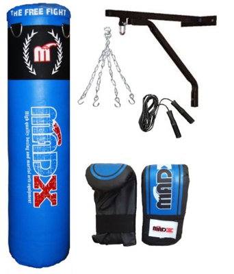 MADX 4ft Punch bag 10 Piece set rex leather filled punchbag kick bag Chain Wall Bracket Gloves Skipping Rope Hand Wraps Martial Arts Training Kickboxi