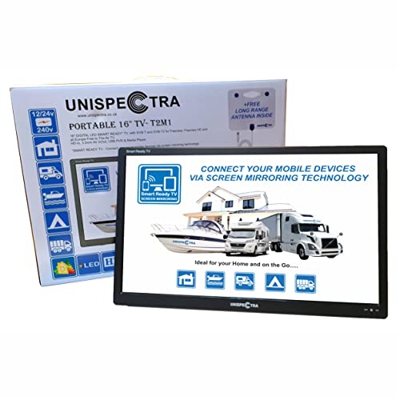 Unispectra® 16 Pulgadas SmartReady 12-24V / 230V HD LED TV Digital DVB-T / T2 (TDT) USB PVR y Reproductor Multimedia, HDMI, AV In/out. Ideal para Casa