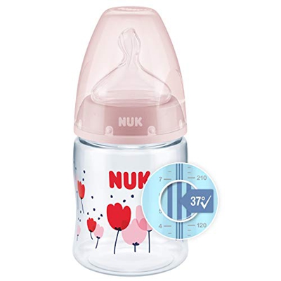 Nuk First Choice+ Biberón, 0-6 Meses, Control de Temperatura, Válvula Anticólico, Tetina de Silicona, Sin BPA, Flores Rosadas, 150 Mililitros