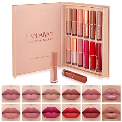 Shorant 12 Piezas Pintalabios Liquido Brillo de Labios Mate 10 Colores Lápiz Labial Líquido Mate Nude Lipstick y 2 Lápiz Labial Brillo Juego de Pintal