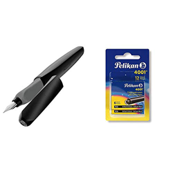 Pelikan 946806 - Pluma estilográfica Twist cartucho de tinta azul incluido, mango ergonómico + 4001 - Recambios de tinta para pluma estilográfica (12  características