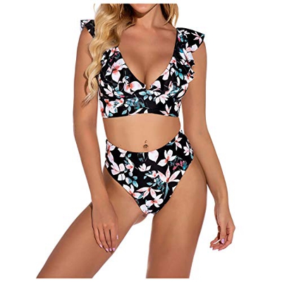 bikini impreso Nuevo traje de baño de moda con volantes sexy split bikini impreso 1108, Negro, L