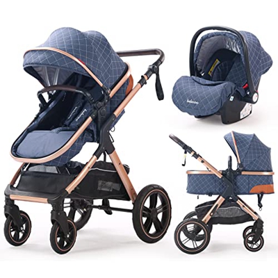 Belecoo Cochecito de Bebé 3 Piezas con Sistema de Viaje Modular Apto de 0 a 36 Meses, con Silla de Coche, Ligero, Plegable y Compacto (azul)