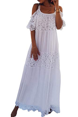 YouKD Vestido de Algodón de Encaje para Mujer Túnica Floral Boho Kimono Suelto Bikini de Playa Vestidos Cover Up Dress