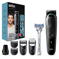 Braun Recortadora de Barba 7 en 1, Máquina Cortar Pelo, Cortapelos Hombre para Cara y Pelo, Maquinilla Gillette, 5 Accesorios, 3 MGK3342, Negro/Azul en oferta