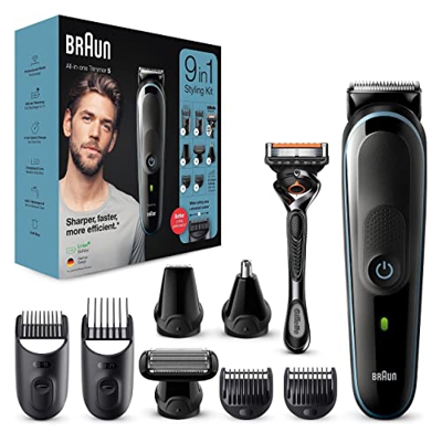 Braun Recortadora de Barba 9 en 1, Máquina Cortar Pelo, Cortapelos Hombre para Cara, Pelo, Orejas y Nariz, Maquinilla Gillette, 7 Accesorios, 5 MGK538