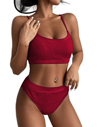 TOMEEK Traje de Bikini de Mujer Canalé Traje de Baño Dos Piezas de Sexy Cintura Alta Bañador Push Up Color Sólido Piscina de Playa, Vino Tinto, Talla  características