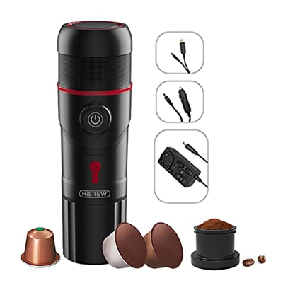 HiBREW H4- Cafetera portátil para coche DC12 V, cafetera Expresso cafetera expreso en cápsulas de café en polvo Perfecto para Coche y Camping, Compati