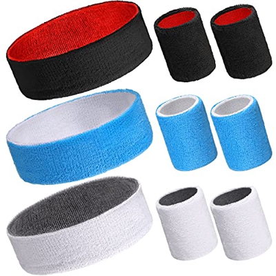 9 Piezas Set de Bandas de Sudor, Diademas y Muñequeras Deportivas de Doble Cara Dri-Fit Diademas Muñequeras Absorbentes de Sudor de Intervalo Reversib