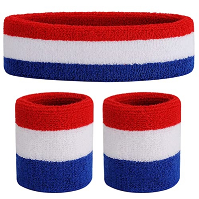 ONUPGO Juego de muñequeras para niños – Banda deportiva de algodón para deportes (1 diadema + 2 pulseras) (rojo/blanco/azul)