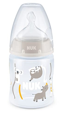 NUK First Choice+ - Biberón para bebés de 0 a 6 meses, con control de temperatura, 150 ml, válvula anticólicos, sin BPA, tetina de silicona, color gri