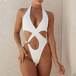 FMOPQ Sexy High Cut out Halter Traje de baño Femenino Traje de baño de una Pieza Mujeres Cross Plus Size Traje de baño Swim Lady (Color : White, Size  precio