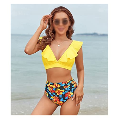 FMOPQ Conjunto de Bikini de Dos Piezas de Cintura Alta Traje de baño con Volantes Mujer Mujer Ropa de Playa Traje de baño Traje de baño bañista (Color