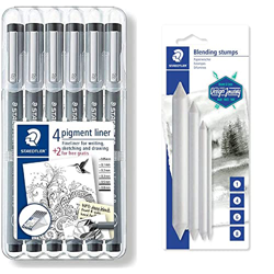 Staedtler 308 SB6P. Rotuladores Fineliner Pigment Liner. Estuche con 6 unidades. + 5426-S BK4ST Difuminadores, Blanco, 1,4,6,8 en oferta