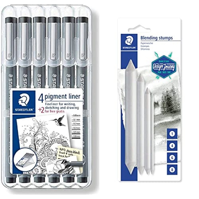 Staedtler 308 SB6P. Rotuladores Fineliner Pigment Liner. Estuche con 6 unidades. + 5426-S BK4ST Difuminadores, Blanco, 1,4,6,8