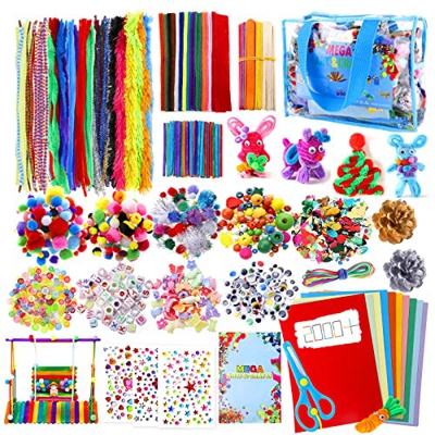 Manualidades Niños 5 6 7 8 Años, 2000+PCS Creativo Kit Manualidades DIY Arts Crafts Materiales, Juegos de Manualidades con Limpiadores de Pipa, Pompom