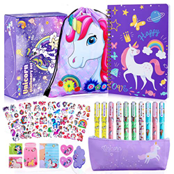 aovowog Juego de papelería de unicornio Regalo para niñas Cuaderno de unicornio 10 Bolígrafos Estuche de lápices morado Bolsa portátil regalos de cump precio