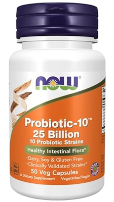 Now Foods, Probio-10, 10 Cepas de Bacterias, 25 Mil Millones de Cultivos Bacterianos, 50 Cápsulas veganas, Probado en Laboratorio, Sin Soja, Vegetaria