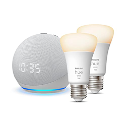 Echo Dot (4.ª generación) con reloj, Blanco + Philips Hue White Bombilla Inteligente (E27), Pack de 2, compatible con Alexa - Kit de inicio de Hogar d en oferta