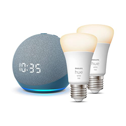 Echo Dot (4.ª generación) con reloj, Azul grisáceo + Philips Hue White Bombilla Inteligente (E27), Pack de 2, compatible con Alexa - Kit de inicio de  precio