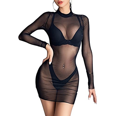 ROSVAY Lenceria Mujer Sexy Vestido Malla Transparente,Lingerie Bodycon Verano,Fundas Bikini Manga Larga,Vestido Playa Cuello Redondo,Mini Vestido Elás