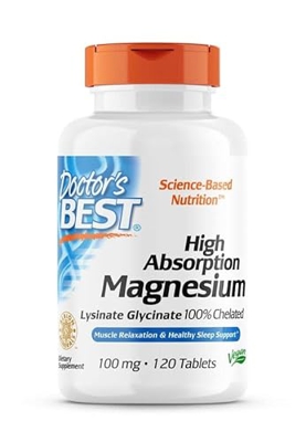 Doctor's Best, Magnesio de Alta Absorción, 100% Quelado con TRAACS, con Glicina y Lisina, 120 Comprimidos veganos, Probado en Laboratorio, Sin Soja, S