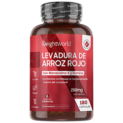 Levadura de Arroz Rojo 250mg 180 Cápsulas Vegano - Provee 10mg de Monacolina Pura, Enriquecido con Coenzima Q10 y Vitamina B1, Contribuye a la Función características