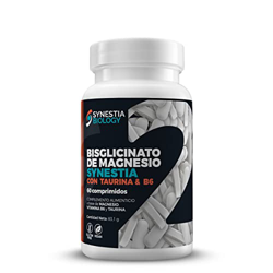 Bisglicinato de Magnesio Synestia con taurina y vitamina B6, suministro 1 a 2 meses, 60 comprimidos de 1385 mg, vegano y sin gluten en oferta