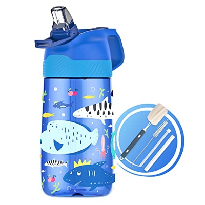 FJbottle Botella Agua Plastico para Niños y Niñas Sin BPA Tritan Reutilizable, Sin Fugas, 450ml Botella de Agua con Pajita para Infantil, Escuela
