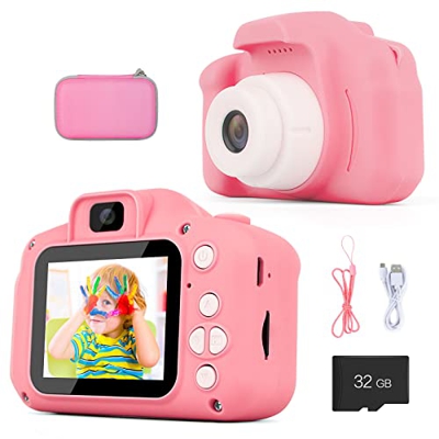 Cámara Digital para niños, cumpleaños para niños y niñas de 3 a 12 años, cámara de Video Digital HD 1080P con Estuche (Pink)