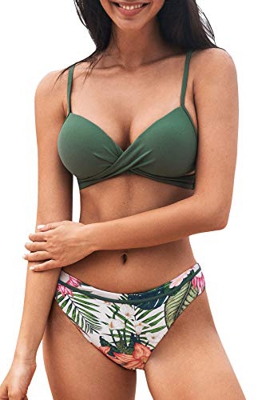 CUPSHE Conjuntos de Bikinis Push-up Estampado Floral Traje de Baño de Dos Piezas (Verde Olivo, Medium)