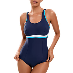 Veranohub Bañador Deportivo de una Pieza para Mujer con Espalda Cruzada, Espalda en U(Azul Marino/Azul/Blanco,EU40) en oferta