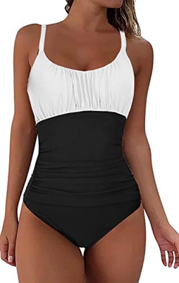 NLAND Traje de Baño de una Pieza para Mujer Correas Espaguetis Mujer Pliegues Bañador Bikini Retro(Blanco+Negro,L)