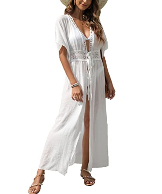 MIXIDON Vestido de Bikini para Verano Mujer Playa Traje de Baño Sexy Elegante Bohemia Ver a Través del Cárdigan Bikini Kimono Cover Up, Blanco, XXL