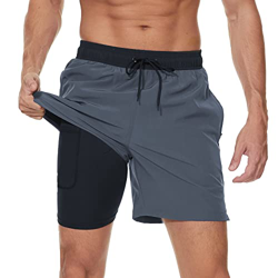 Arcweg Traje de baño para hombre con forro de compresión 2 en 1, traje de baño de playa de secado rápido con bolsillos con cremallera, Negro + gris, X características