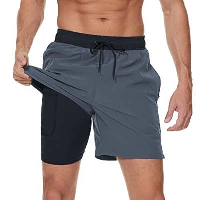 Arcweg Traje de baño para hombre con forro de compresión 2 en 1, traje de baño de playa de secado rápido con bolsillos con cremallera, Negro + gris, X