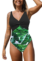 NLAND Bañador para Mujer en V Fruncido Traje de Baño de Una Pieza Monokinis Natacióncon Relleno Elegante para Mujer(Hojas Verdes Negras,XXL) características