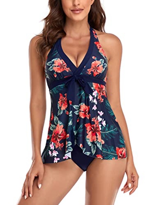 FLYILY Traje de baño de Dos Piezas para Mujer Acolchado Bandeau Swimsuit Tankini(2-OrangeFlower,L)