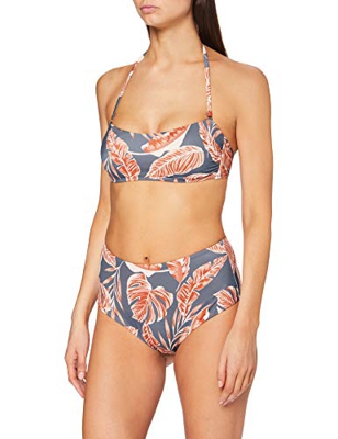 Iris & Lilly Conjunto de Biquini Bandeau Cintura Alta con Relleno Mujer, Gris/Naranja, Hoja de Palmera, L