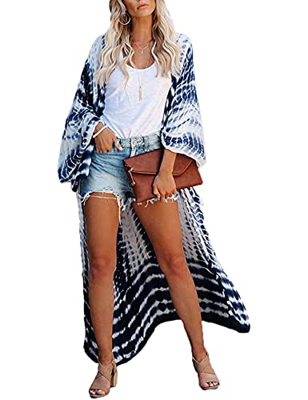 HYUET Mujer Kaftan Vestido de Playa Tie Dye Algodón Cárdigan Maxi Kimono Pareos y Camisola Camisas Playa Bohemia Boho Suelto Verano Traje de Baño Biki