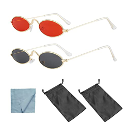 2 gafas de sol retro hippie fiesta de moda gafas ovaladas con marco de metal, gafas de sol unisex, 2 bolsas de almacenamiento impermeables para gafas, en oferta