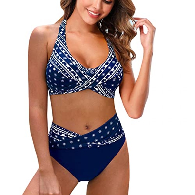 riou Traje De Baño Bikini para Mujeres Estampado Floral Cintura Alta Ropa de Playa de Dos Piezas Busto Ajustable Bañador de Baño Tops y Braguitas Biki