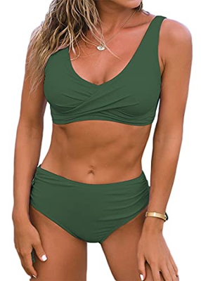 WINKEEY Traje de baño para Mujer Bikini de Playa de Verano Traje de baño de Talla Grande con Estampado Suave Sexy, Verde XXL