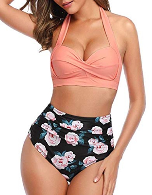 heekpek Bikinis Mujer Push Up Conjunto Bikini Talle Alto Flores Estampado Bikinis Brasileños Retro Halter Bikini de Cintura Alta de Dos Piezas