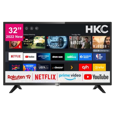 HKC HV32H1 Smart TV 32 Pouces (80 cm) Téléviseur Avec Netflix, Prime Video, Rakuten TV DAZN, Disney+, Youtube, WiFi, Triple-Tuner DVB-T2 / S2 / C, Dol