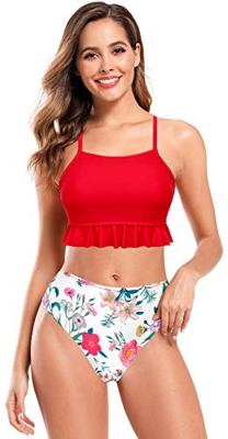 SHEKINI Mujer Bañador de Dos Piezas Cuello Alto Elegante Volantes Dobladillo Correa de Hombro Ajustable Bikini Top Traje de Baño Dos Piezas Cintura Al